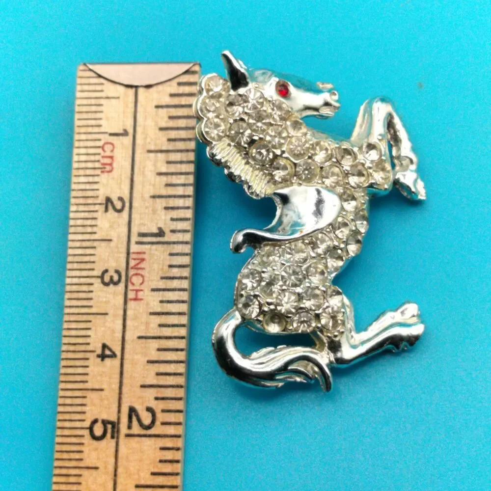 Vintage Rhinestone Horse Brooch Pin Silver Tone Clear Red Eye Equestrian Jewelry